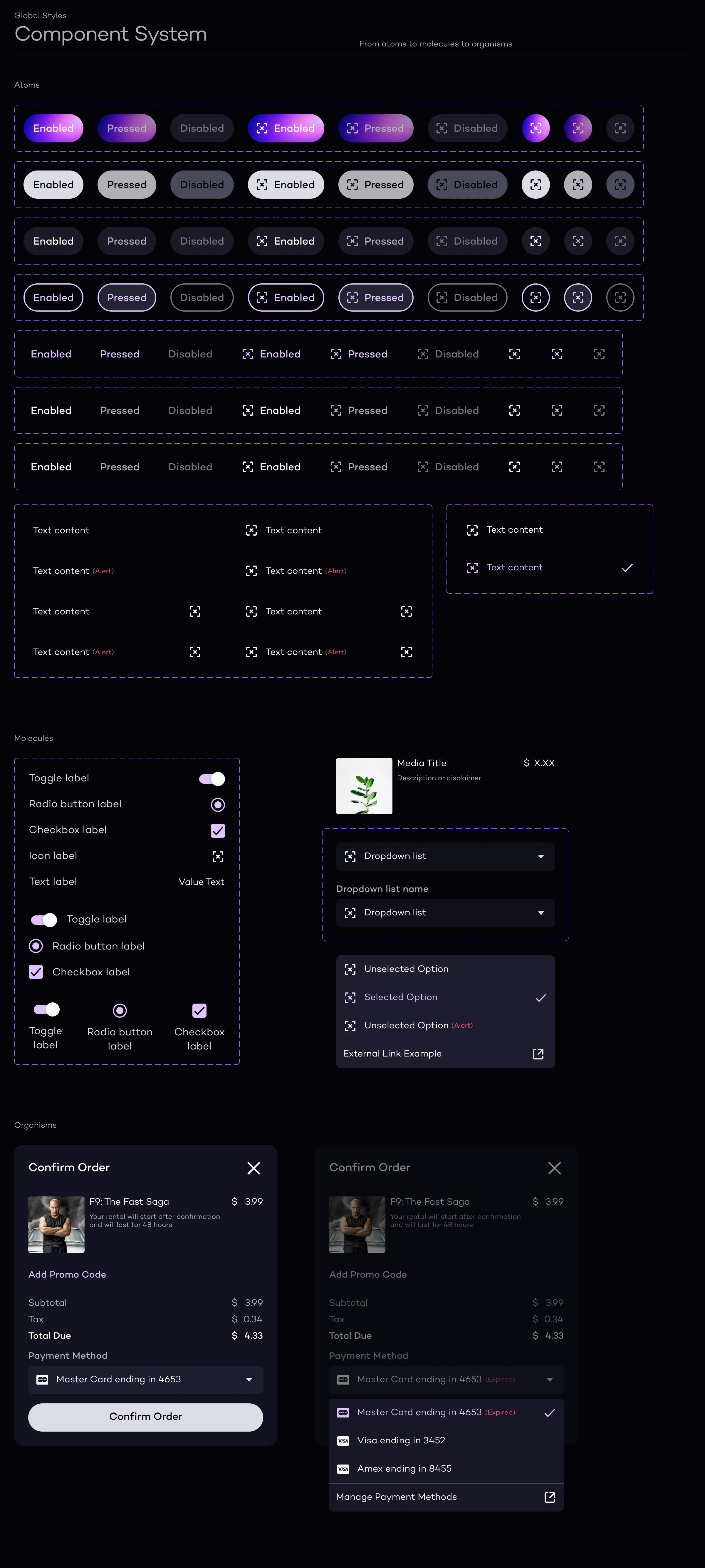 Component library showing buttons, cards, and media player states