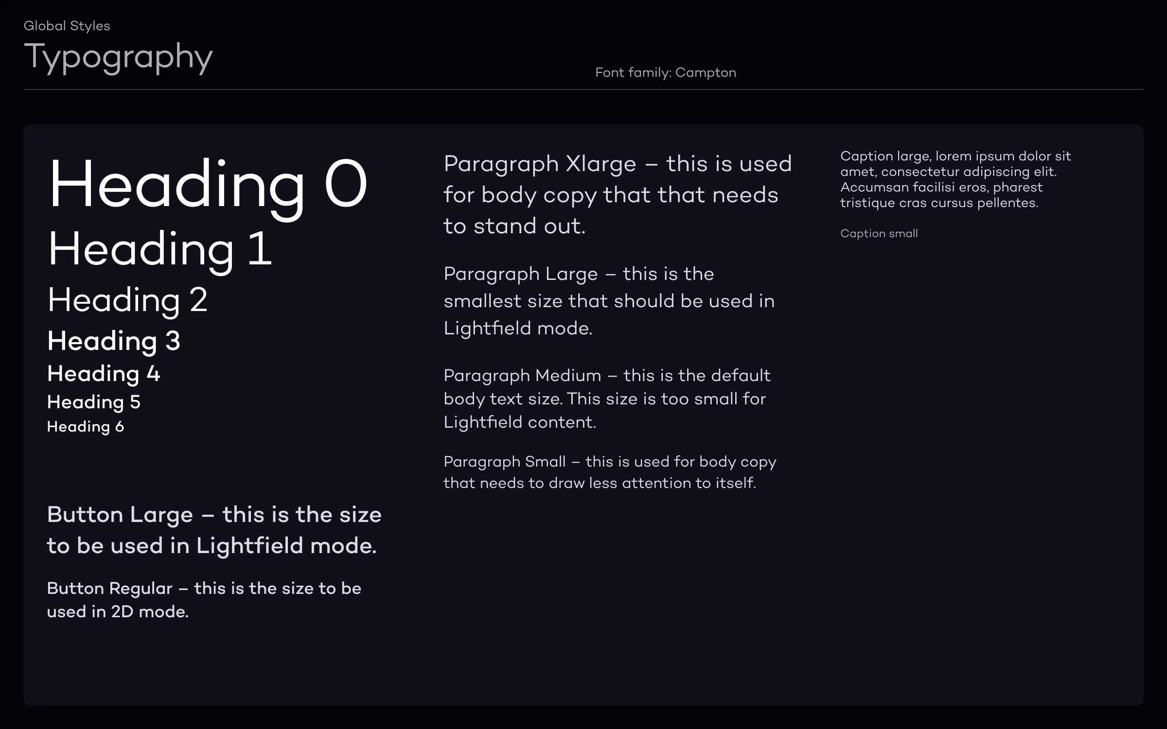 Typography scale showing font sizes, weights, and line heights