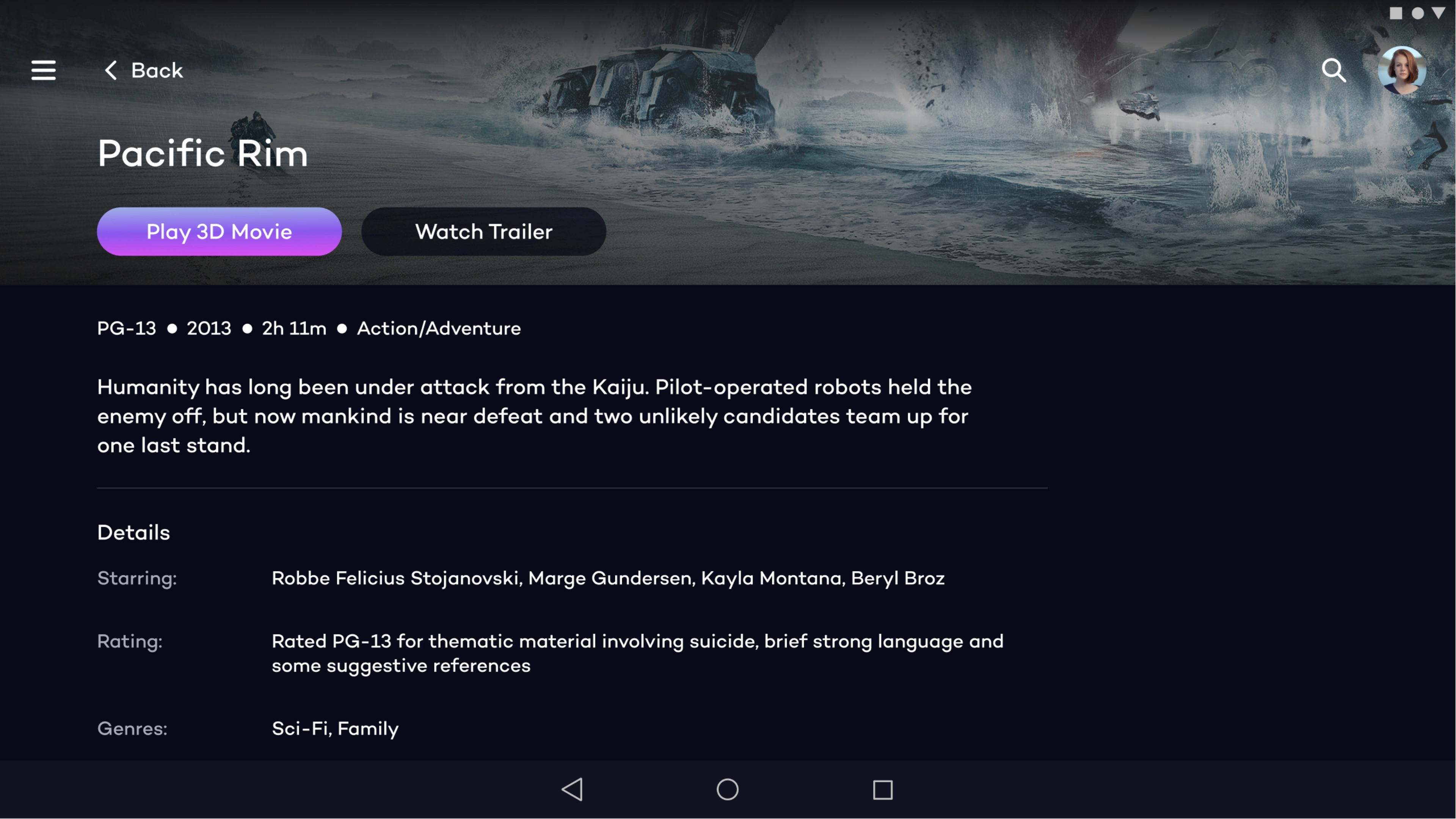 Movie profile page showing format tags and hero image treatment