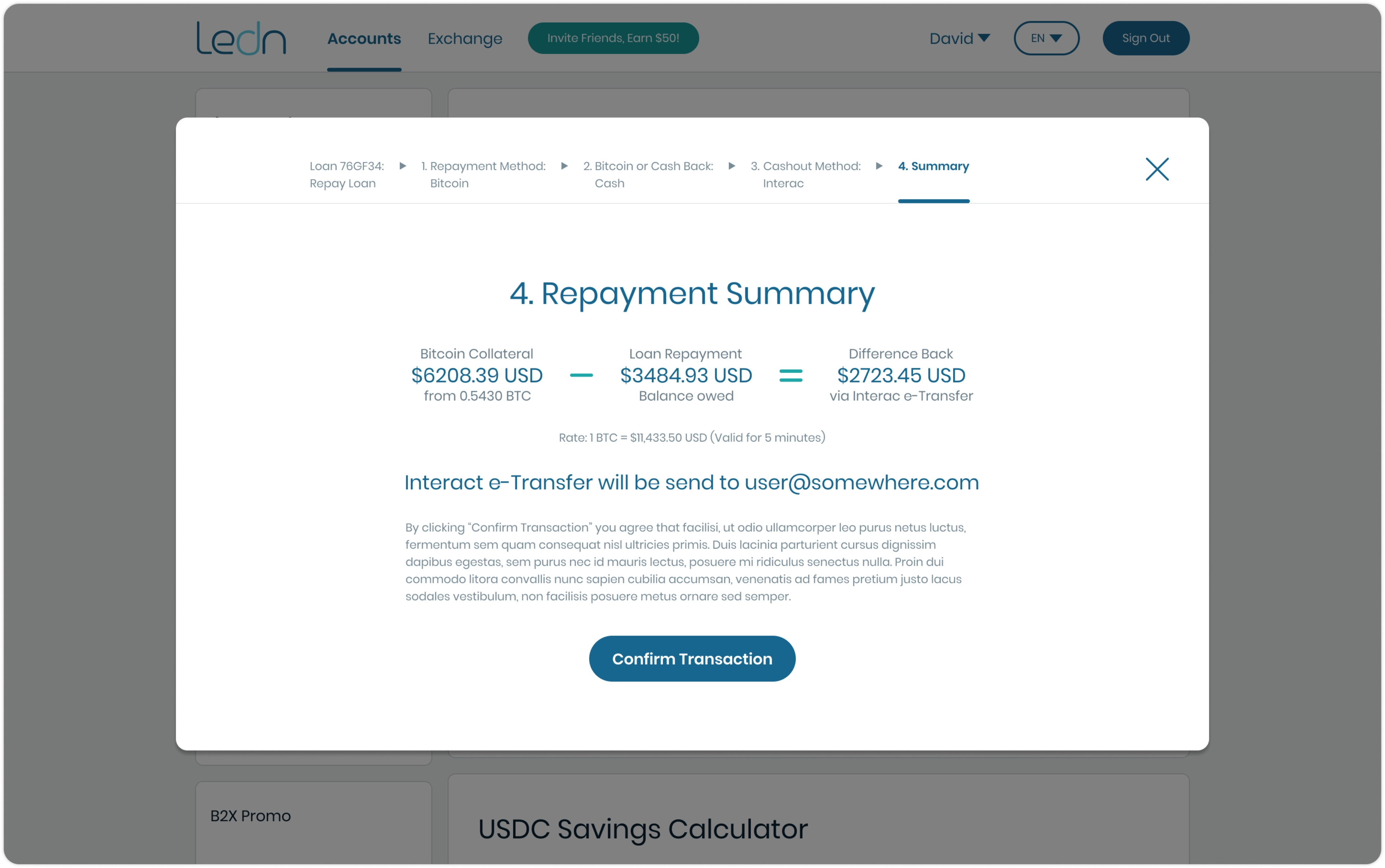 Repayment confirmation modal with clear math breakdown