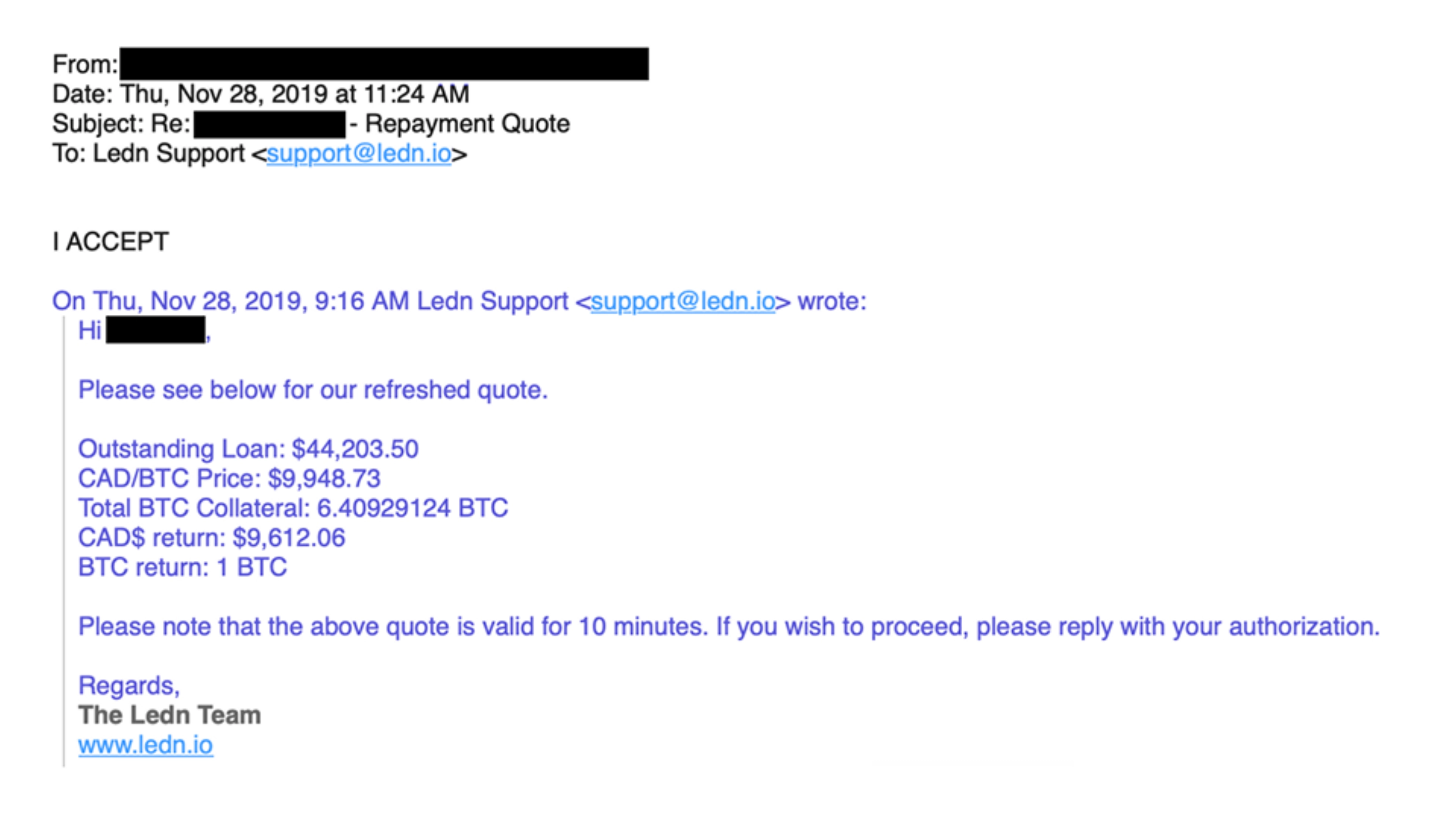 Email screenshot showing repayment quote with 10-minute timer