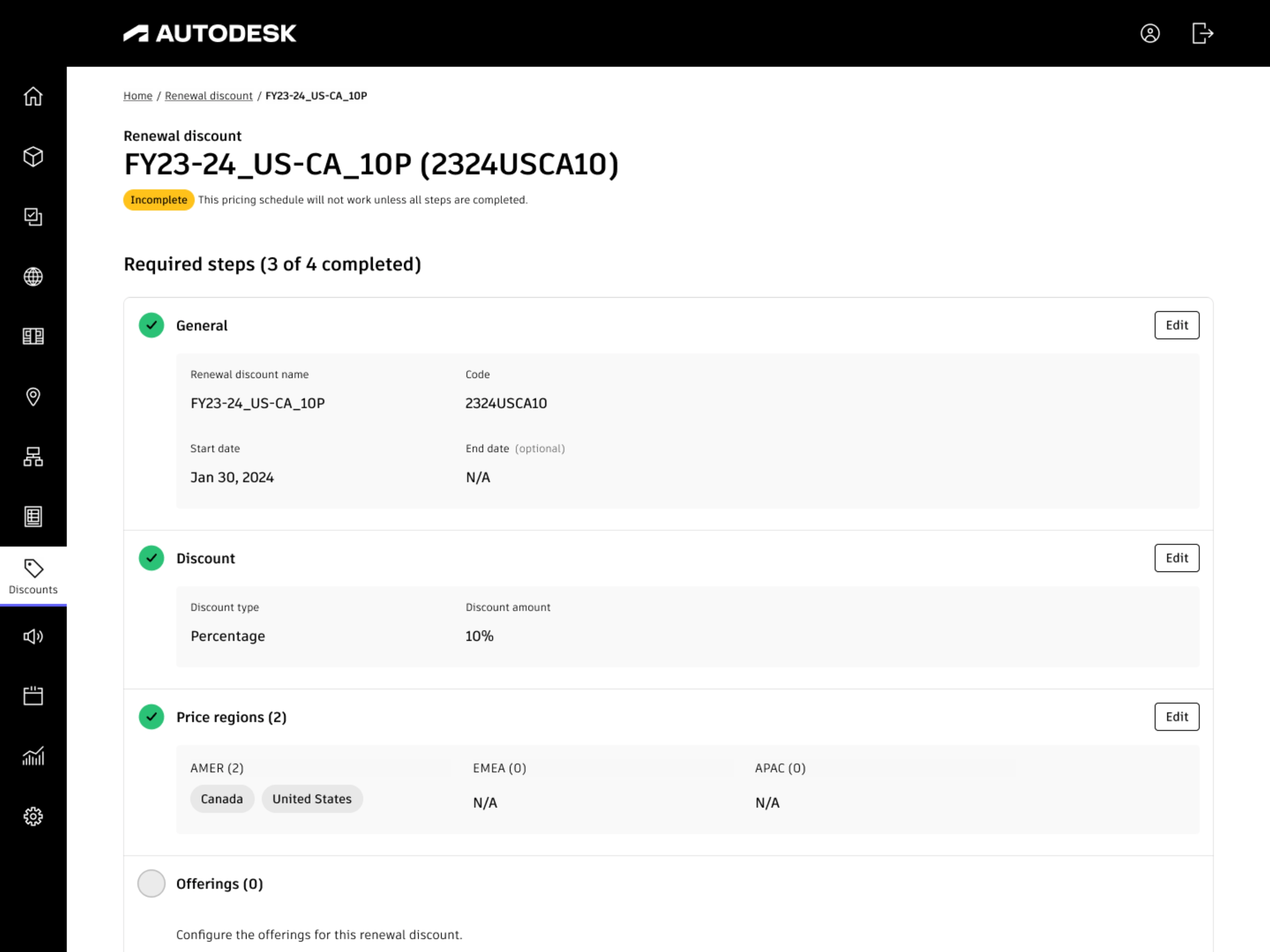 Renewal discount creation flow with steps showing incomplete status