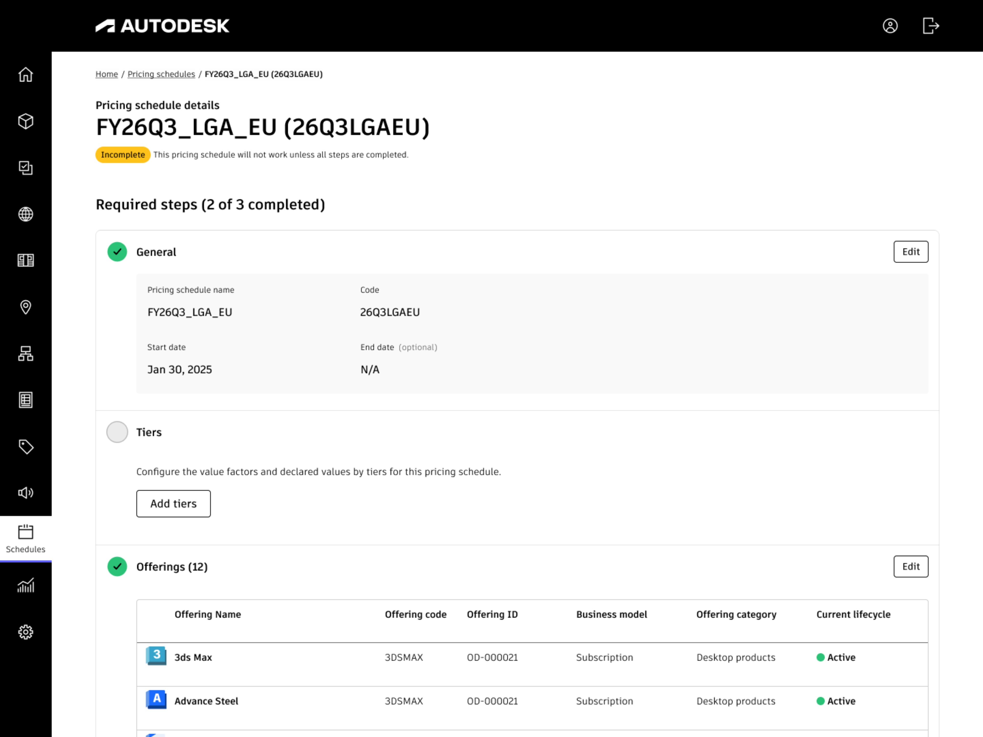Pricing schedule creation with tier configuration steps showing incomplete status