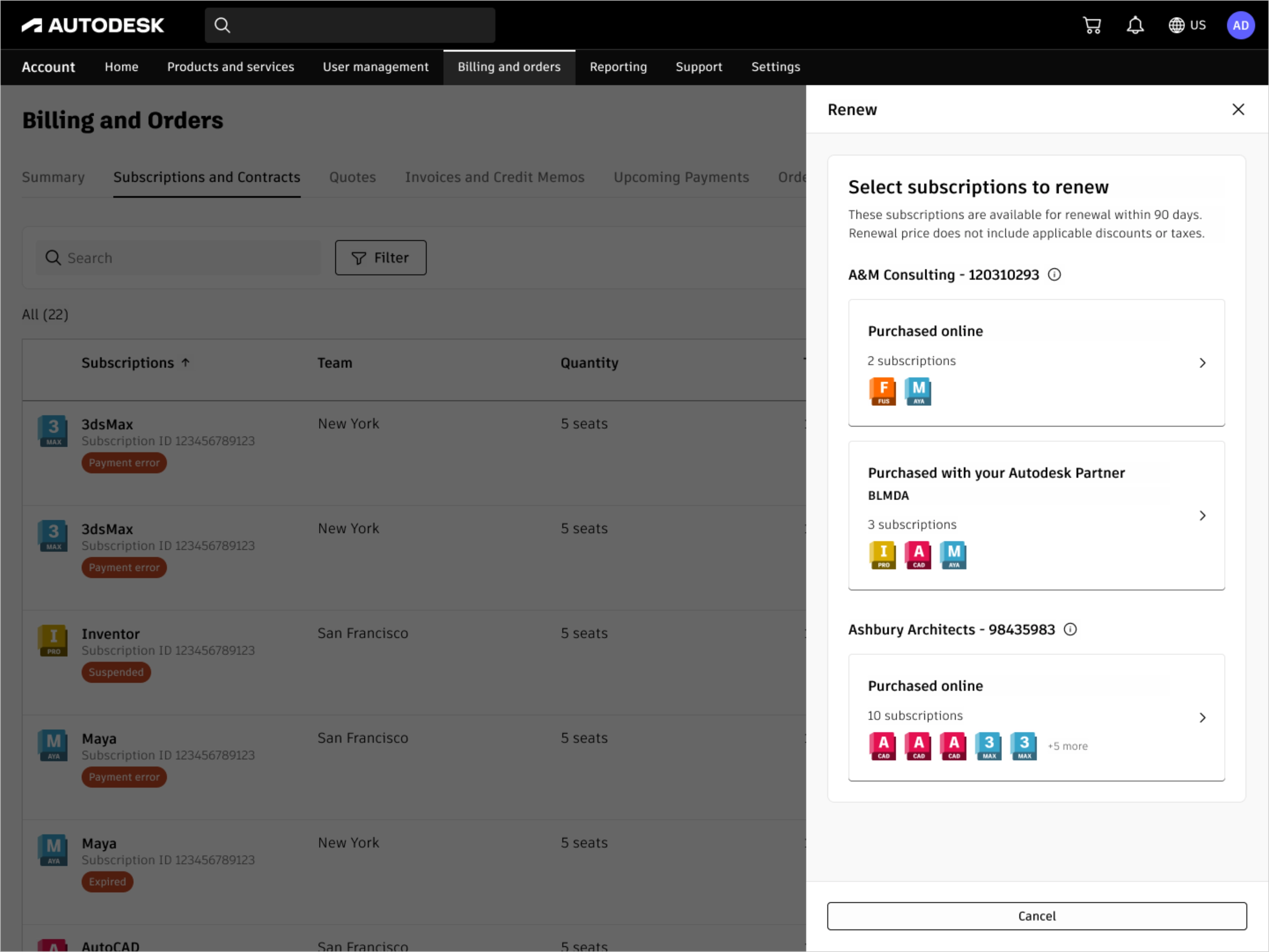 Filter step showing company and sales channel selection to narrow eligible subscriptions