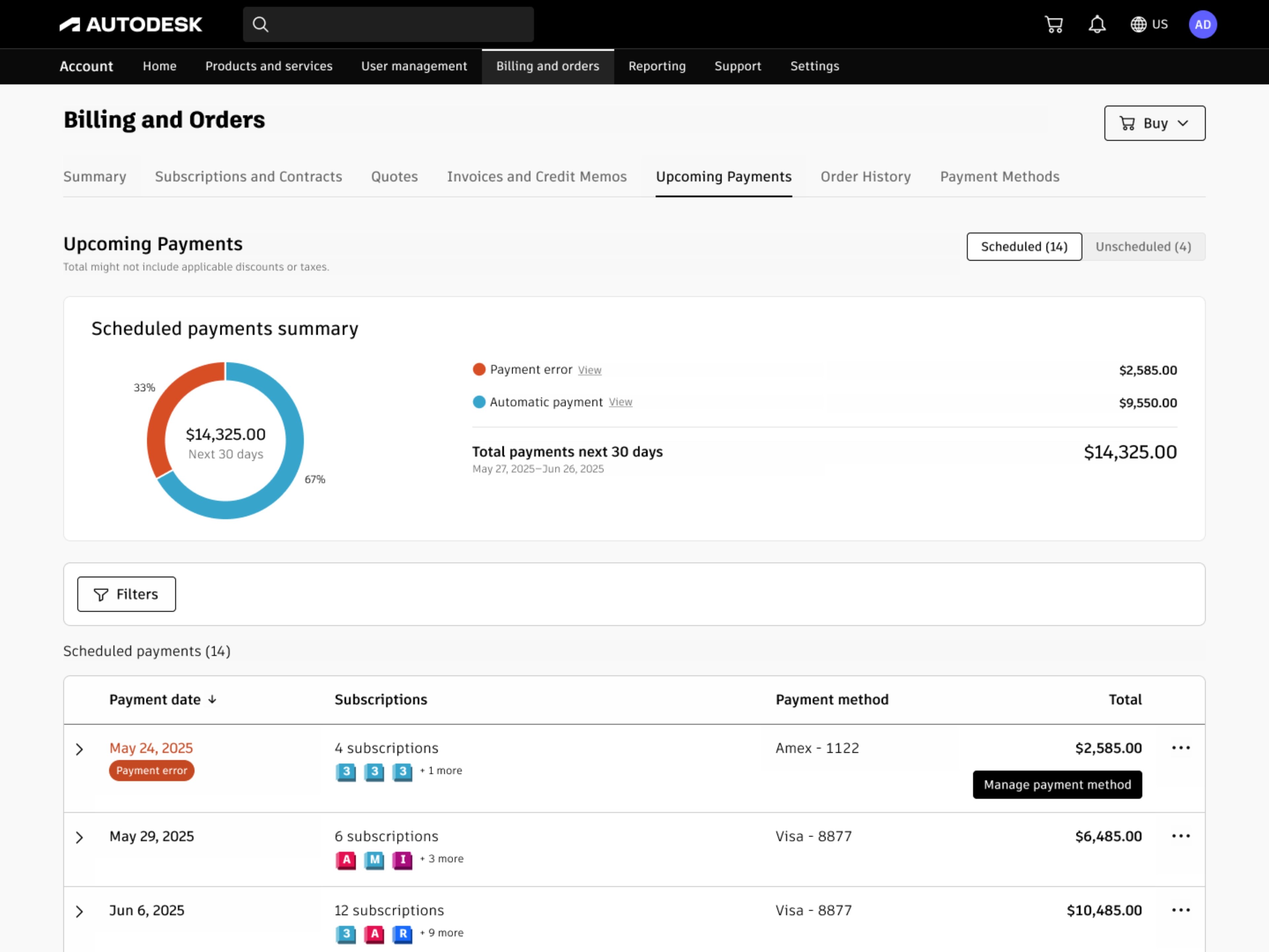 Upcoming payments page showing automatic payments and error categories