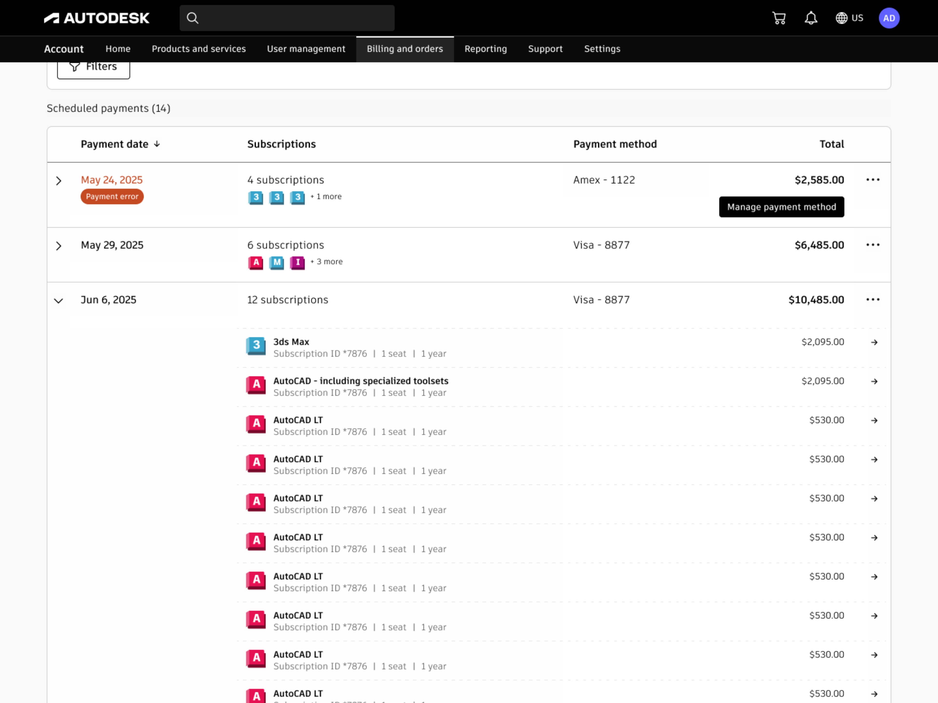 Expanded payment date row showing individual subscriptions underneath